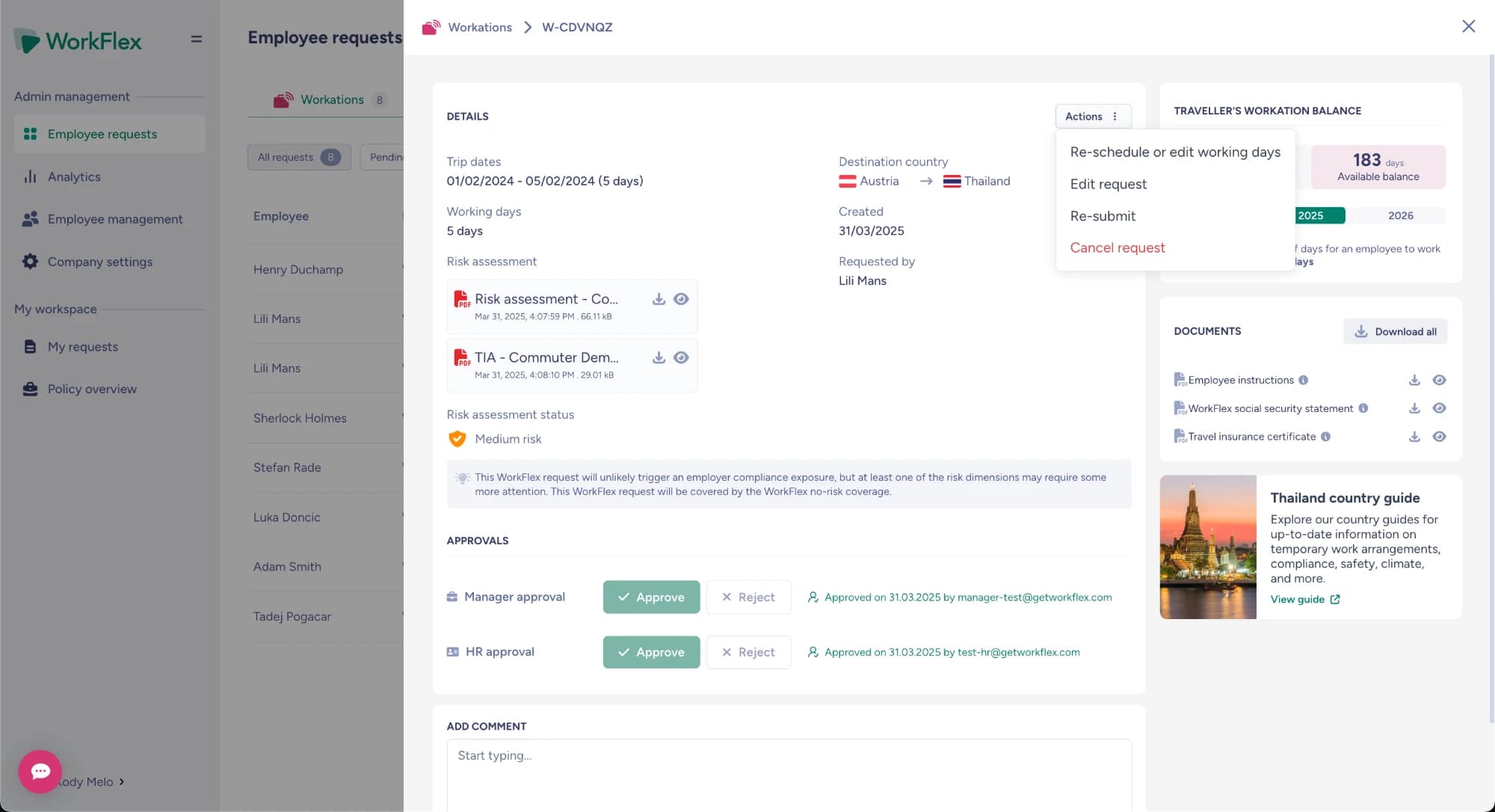 Current WorkFlex Actions menu on the request