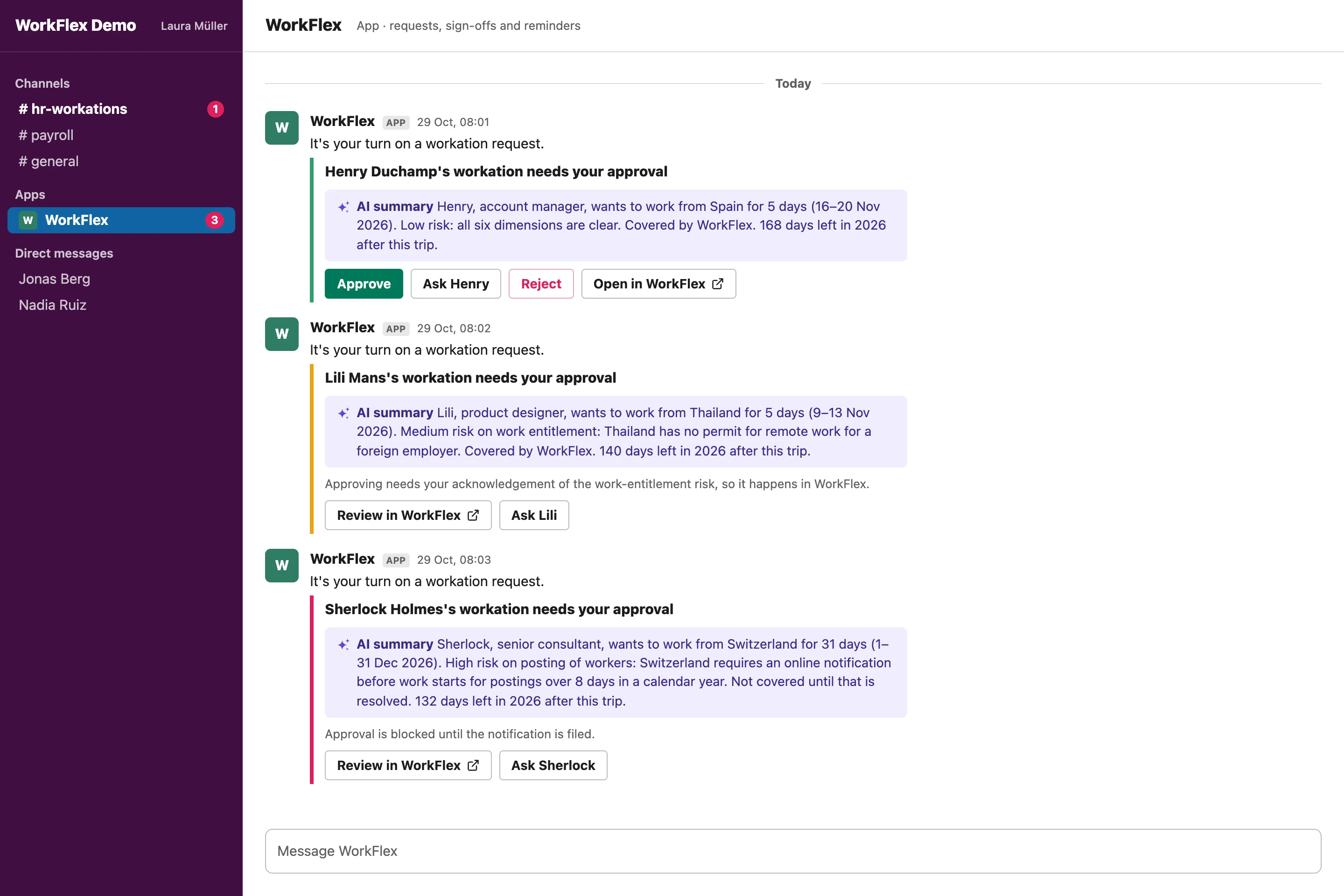WorkFlex messages in Slack with Approve and Review buttons