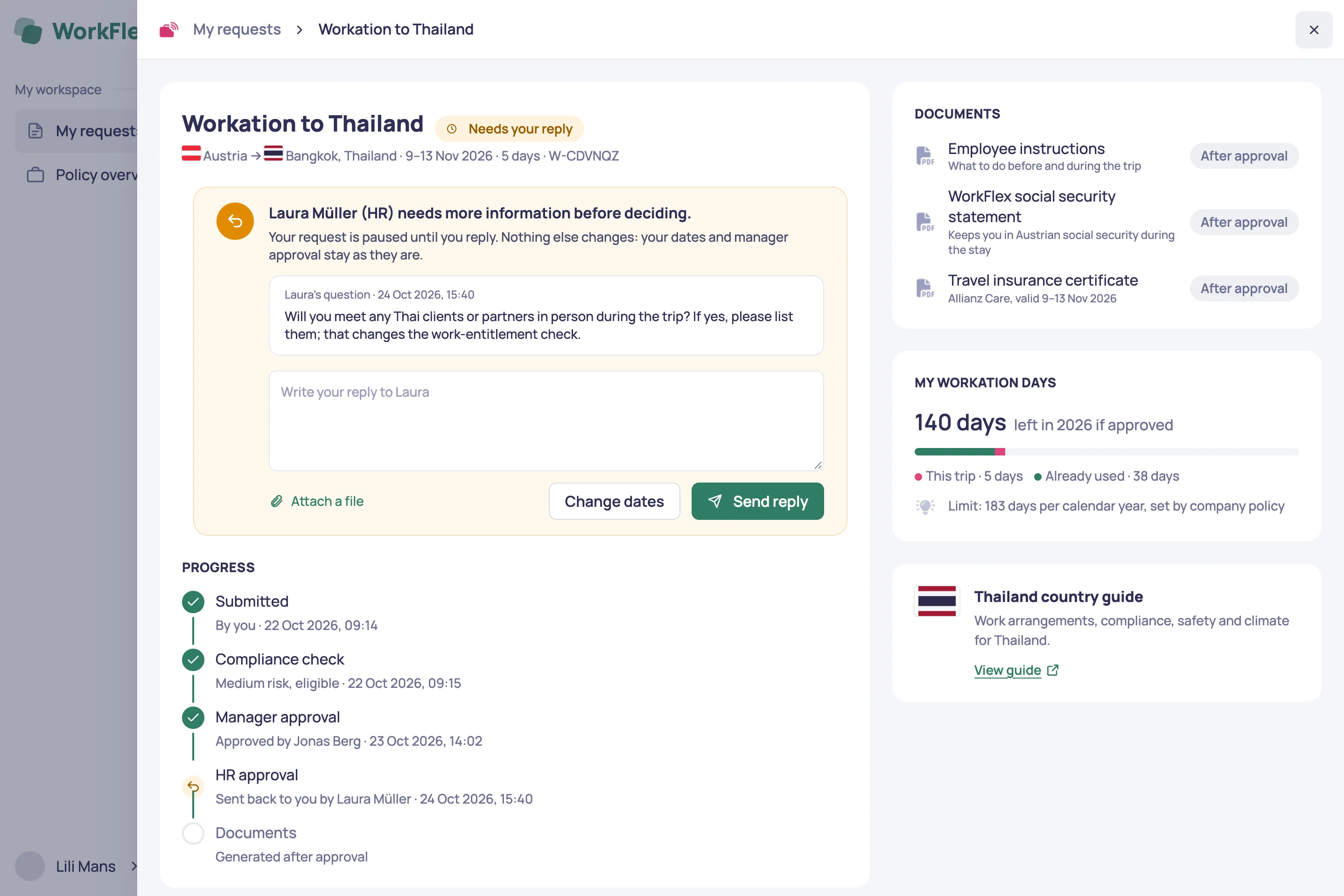 Traveller view with HR's question and a reply box