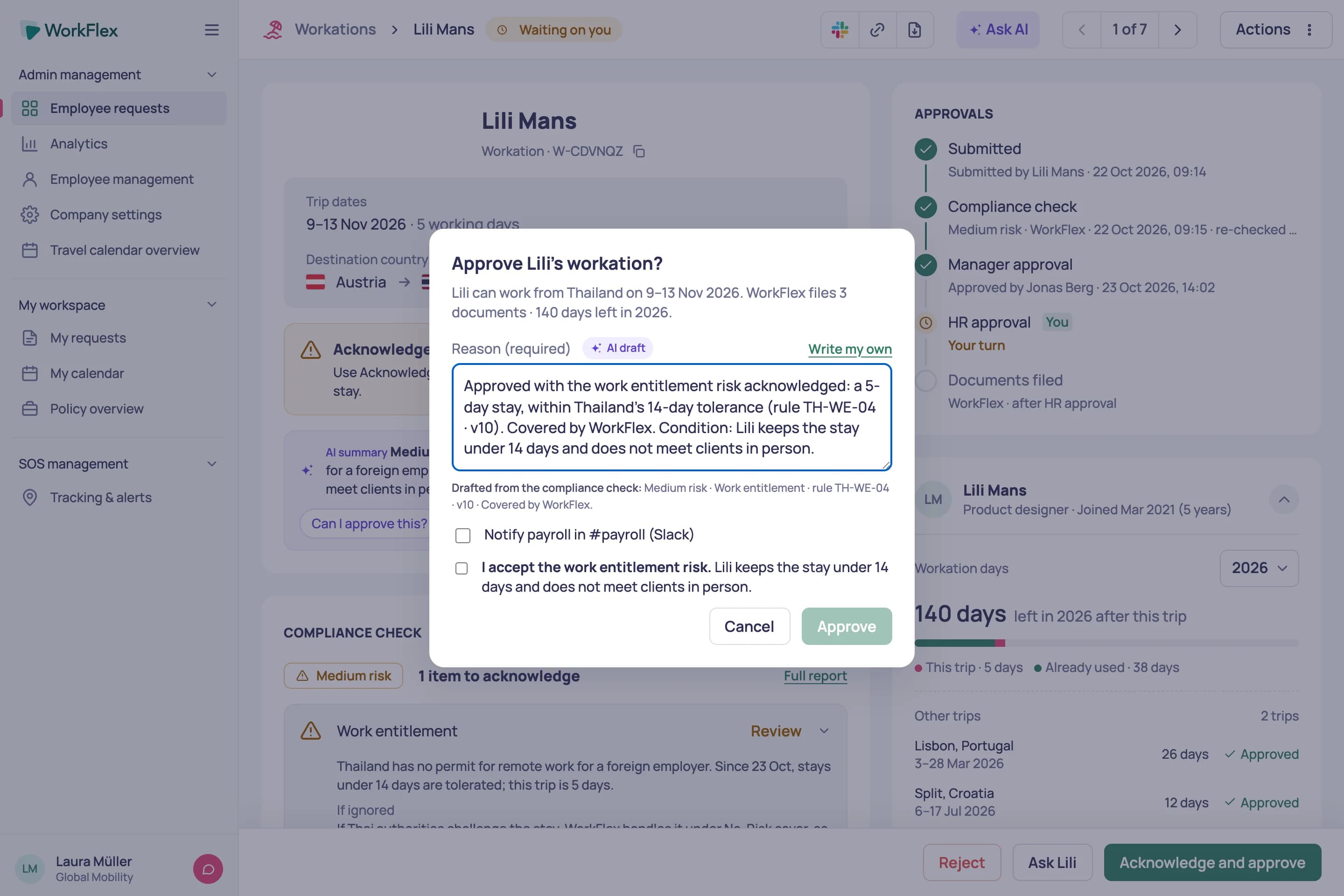 Approve dialog with an AI-drafted note