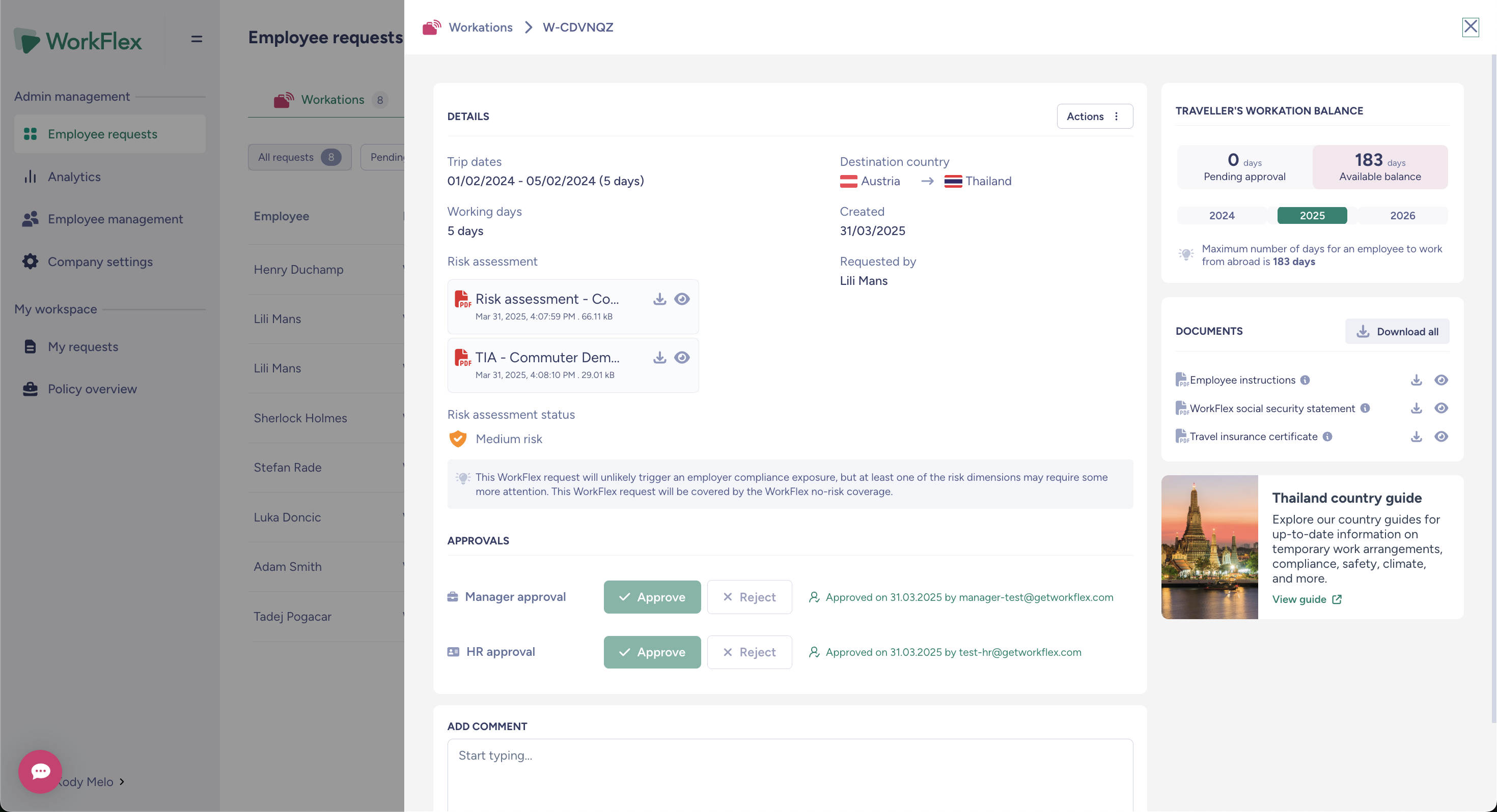 WorkFlex workation request W-CDVNQZ, current UI